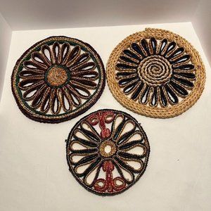 Vintage Wicker Trivets, Set‎ of 3. Brown, red, blue, green round trivets decor